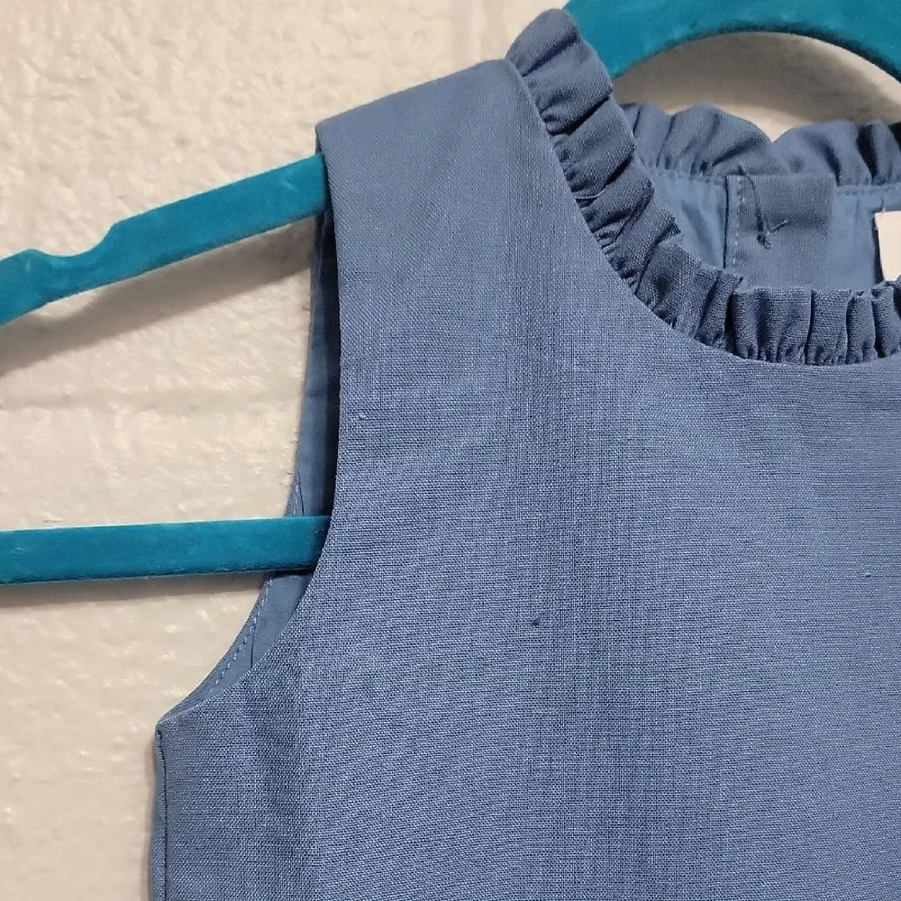 Blue Linen Blend Ruffle Neck Pocket Casual Girls Dress By Southern Smocked Co